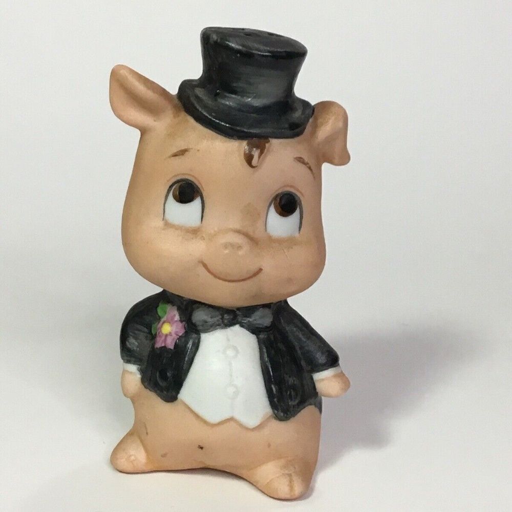 Vintage Small Porcelain‎ Pig/Piggy Salt & Pepper Shaker Dressed In A Tuxedo 3.5"